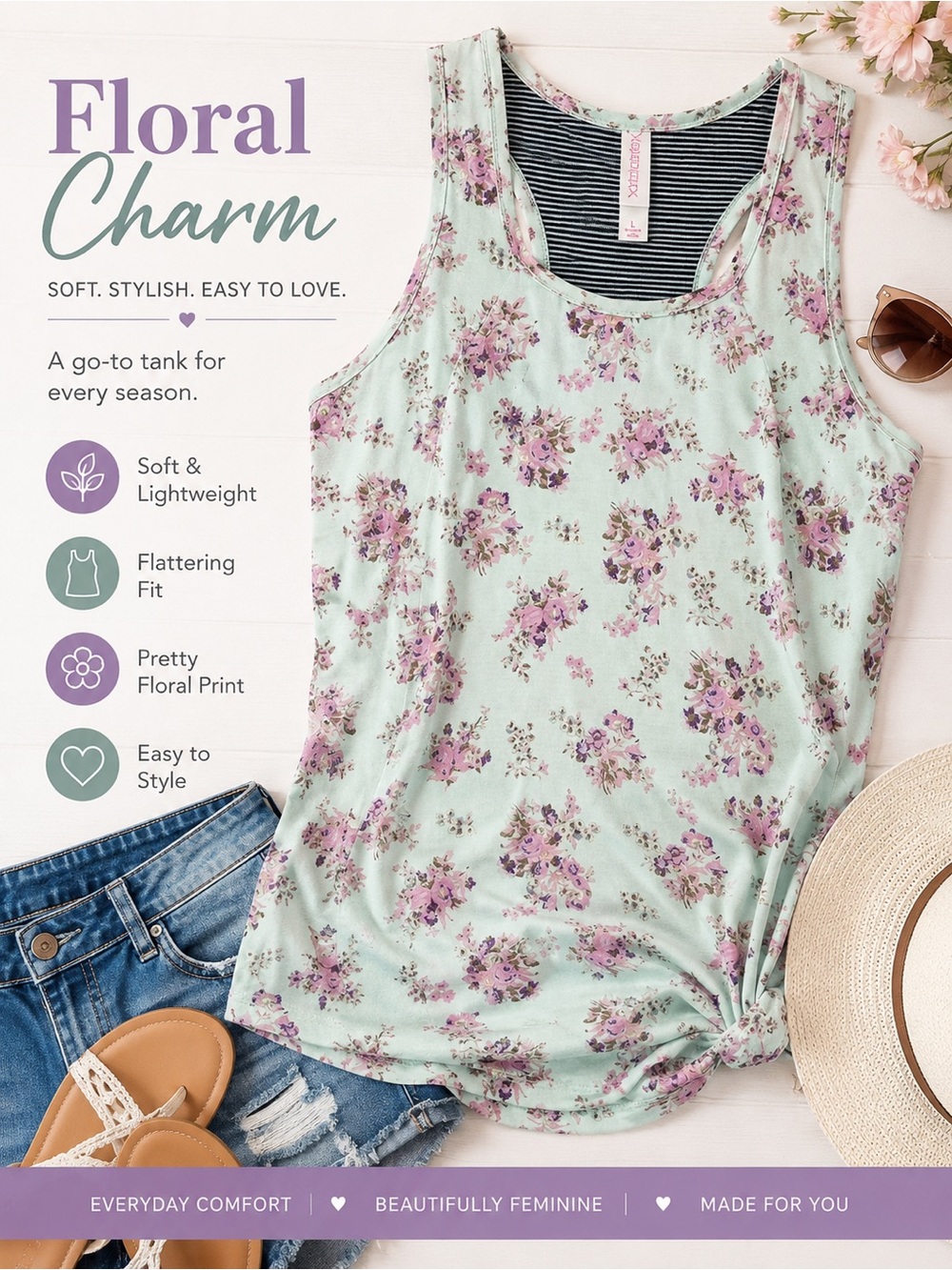 Xhilaration Floral Tank Top Large Mint Green Pink Racerback Layered Camisole